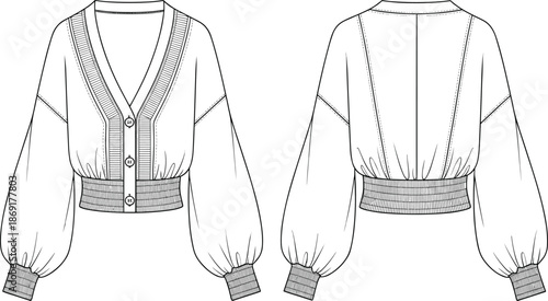 Balloon sleeve cardigan, fashion flat sketch, V-neck button front, ribbed cuffs, blouson hem, vector template, garment design, CAD illustration
