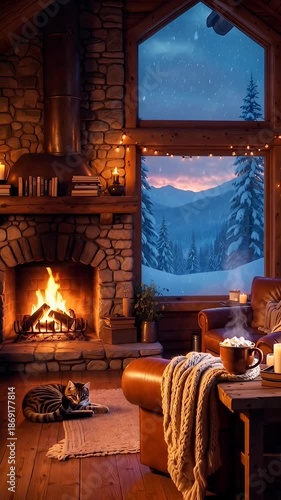 Winter room with a window snow fireplace