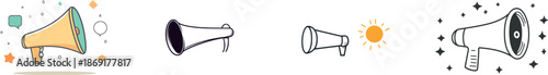 A simplified linear style is used in a modern illustration to depict a loudspeaker bullhorn with a speech balloon, symbolizing both marketing promotion and the concept of hiring and job offers