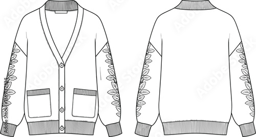 Cardigan sweater sketch, fashion flat drawing, V-neck buttoned design, leaf sleeve detail, apparel template, front back view, vector illustration