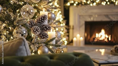 A festive gold and glass ball ornament hangs from a shiny ribbon on a decorated Christmas tree near a warm fireplace during the winter holiday season to celebrate a golden New Year