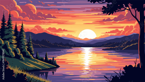 Vibrant Sunset Over Calm Water A Serene Vector Illustration