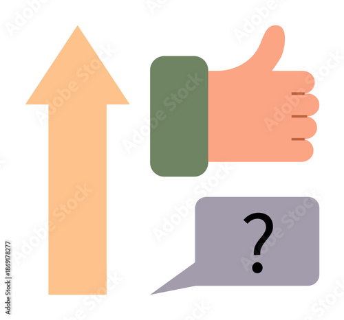 Growth, progress, feedback, communication, teamwork, decision-making. Upward arrow with thumbs-up and speech bubble containing question mark. Growth and feedback concepts for collaboration