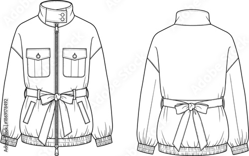 High collar jacket, fashion flat sketch, belted waist, button tab, zipper front, vector template, garment design, apparel CAD drawing