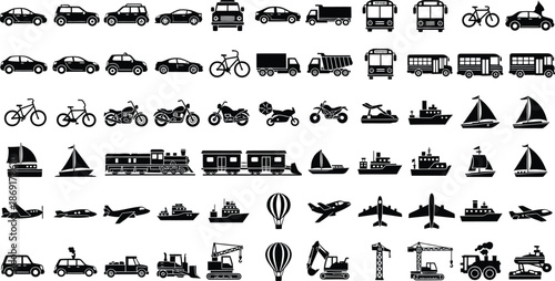 Collection of various transportation icons and symbols