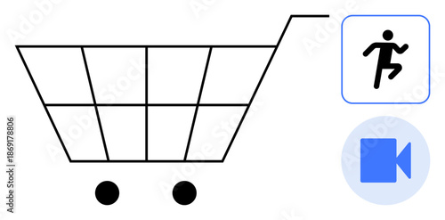 E-commerce, online shopping, delivery services, digital marketing, video tutorials, shipping automation. A shopping cart with icons of running and video recording. E-commerce and online shopping