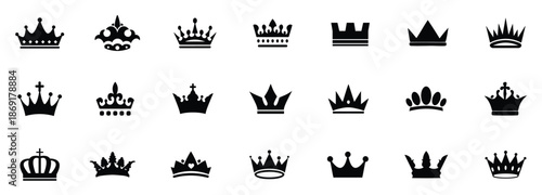 Crown icons, vector set. Crown vector, silhouette, icon. Crown symbol set. King, Princess crowns. Collection of crown silhouette. Vector illustration.
