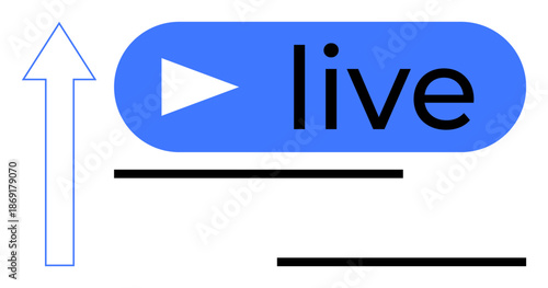Play button inside blue live label with upward arrow symbolizing growth, streaming, progress. Ideal for digital marketing, broadcasting, content creation, online media, social engagement, innovation