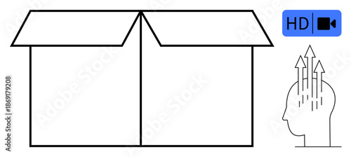 Creative thinking concept. Creative thinking ed by an open box and head with upward arrows. Creative thinking encourages innovation, media, and out-of-the-box solutions. For design, innovation