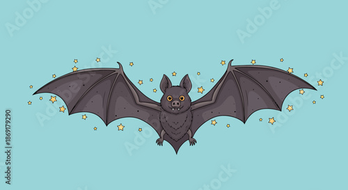 Cute Bat Flying with Stars on Blue Background.