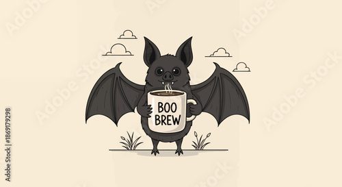 Cute Bat Holding Boo Brew Coffee Mug Halloween Illustration.