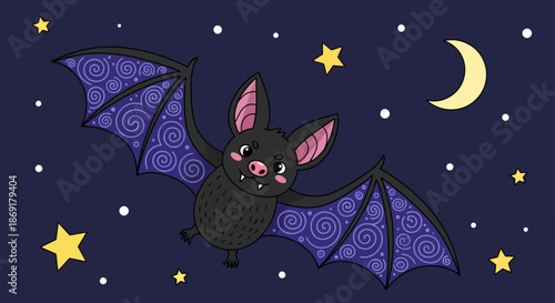 Cute Cartoon Bat Flying at Night with Stars and Moon.