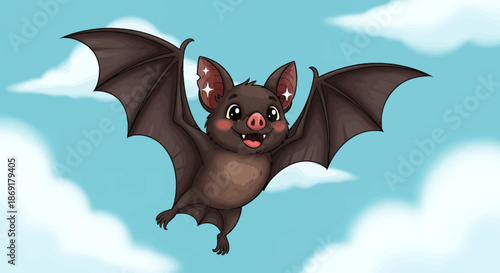 Cute Cartoon Bat Flying in the Blue Sky with Clouds.