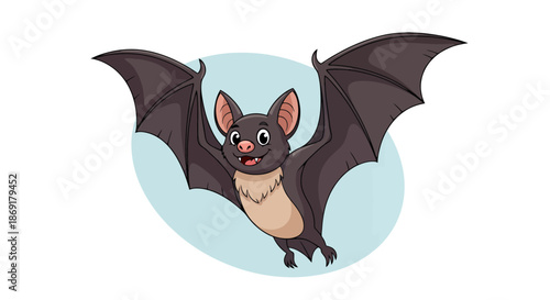 Cute Cartoon Bat Flying with Open Wings.