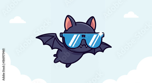 Cute Cartoon Bat Flying with Sunglasses.