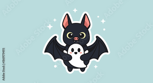 Cute cartoon bat holding a little ghost, Halloween illustration.
