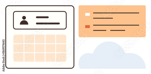 UI design, task management, organization, productivity tools, interface layouts, cloud storage. Profile section and task overview panel with cloud icon. UI design and task management