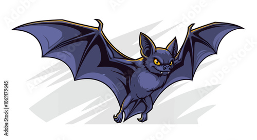 Flying Bat Cartoon Illustration with Yellow Eyes.