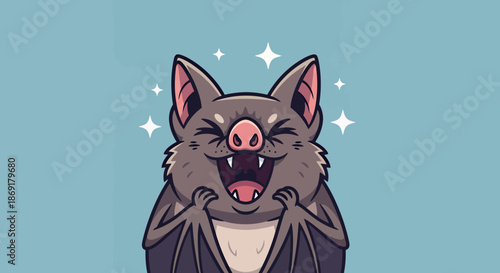 Happy Bat Cartoon Illustration with Sparkling Stars.