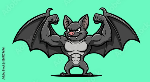 Strong muscular bat character flexing biceps illustration.