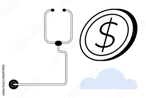 Healthcare funding, medical expenses, economic treatment, financial aid, cost recovery, insurance solutions. IV bag connected to a dollar coin over a cloud. Healthcare funding and medical expenses
