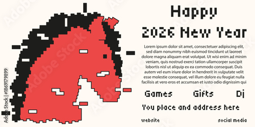 Modern Glitch effect 2026 chinese New Year holiday banner template design. Horizontal banner with Glitch effect horse and bold holiday message. EPS 10