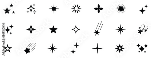 sparkle icons, black glowing vector, minimal star symbol silhouette, outline sparkle effect symbol, shiny clean clipart, editable vector sparkle icon set.