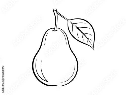 A line drawing of a pear with a leaf