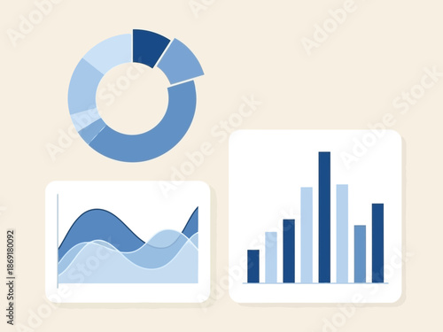 A set of blue business charts and graphs on a beige background