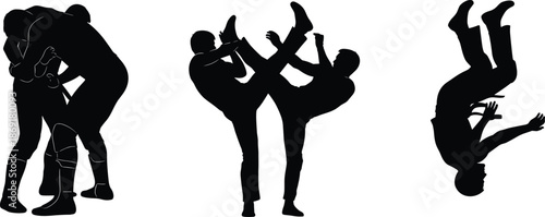 Martial arts fighter silhouettes performing combat techniques, self defense training poses with kicks and throws, dynamic fighting sports illustration isolated on white