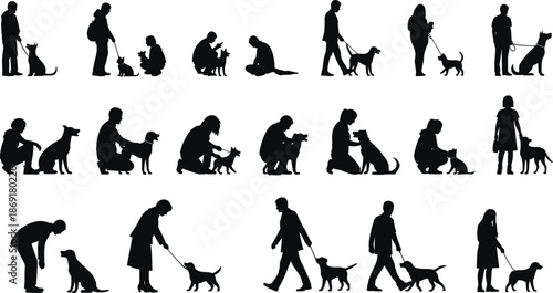 People Walking and Interacting with Dogs Silhouette Collection Showing Pet Care, Training, Walking, and Companionship Scenes in Black Vector Style for Lifestyle and Animal Design