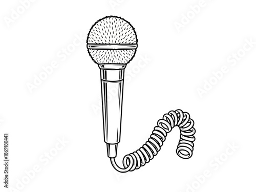 A black and white line drawing of a microphone with a coiled cord