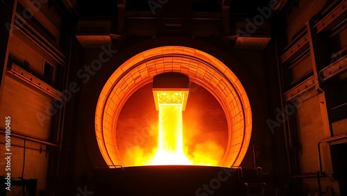 Molten iron flowing from a steel furnace, glowing against dark industrial interior.