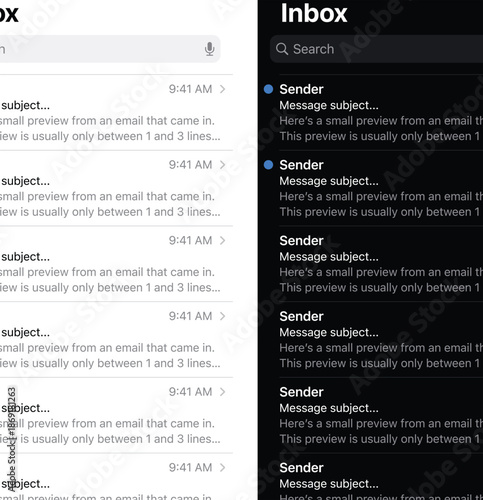Mobile Email Inbox Interface with Message Previews and Subjects.