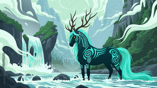 Mystical Forest Spirit A Majestic Deer with Antlers and Tribal Markings, Vector Illustration of Nature's Guardian