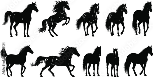 Horse Silhouette Collection Showing Running, Standing, and Rearing Poses in Black Vector Style for Equestrian, Wildlife, Nature, and Animal Design Projects