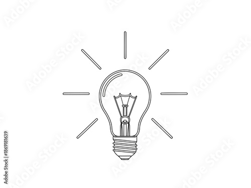 Black and white light bulb icon with rays