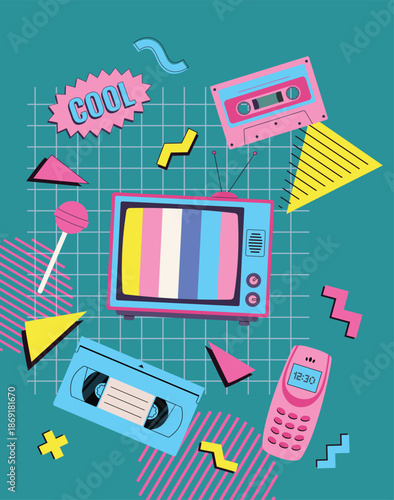 Retro 80s Nostalgia Collage with Cassette Tape and Vintage TV.