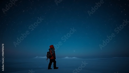 A lone explorer gazes at the starry Arctic night under the Polaris star.