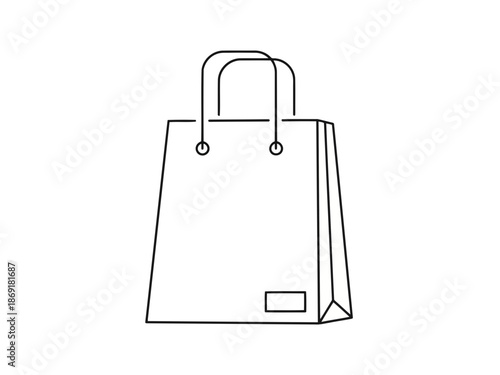 A simple line drawing of a shopping bag with handles and a rectangular label on the bottom right