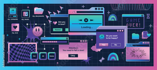 Neon Glowing Digital Windows Icons and Files in Futuristic Style.