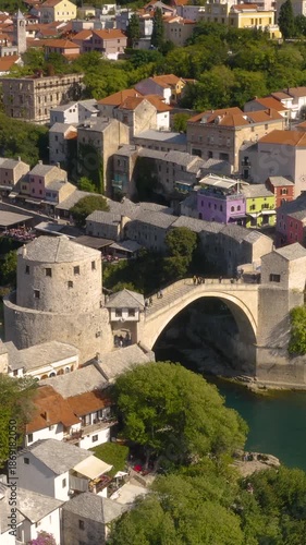 Aerial view of Old Bridge in Mostar. Vertical video