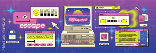 Retro Synthwave Computer Setup with Neon Glowing Elements.