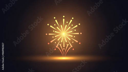 Vibrant glowing firework explodes in dark background with radiant yellow and orange streaks and sparks with explosion and celebration and festivity