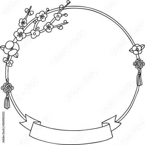 A black-and-white line drawing of a decorative box frame adorned with plum blossoms, suitable for use in holiday templates or New Year cards.