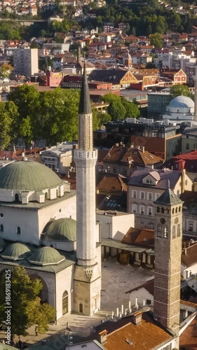 Aerial view of Gazi Husrev-beg Mosque in Sarajevo. Vertical video