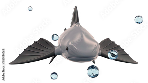3D Render of a Grey Fish with Dark Fins and Bubbles