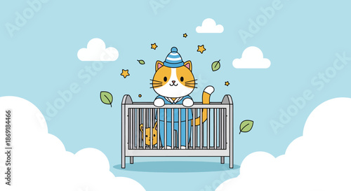 Adorable Cartoon Lion in Crib.