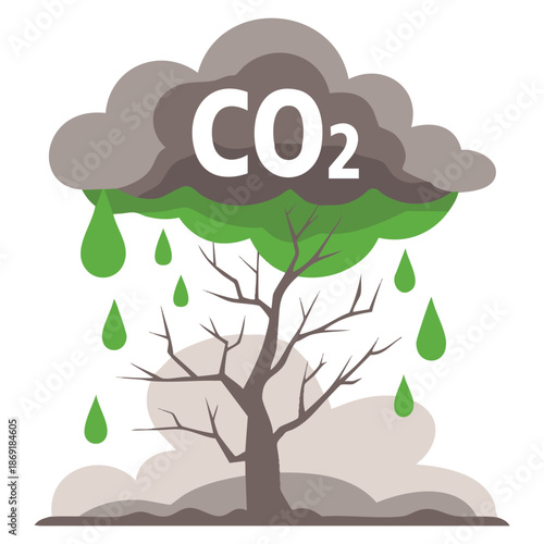 Vector illustration of acid rain with bare tree cloud and toxic CO2 emission drops perfect for environment pollution awareness and ecological themed designs