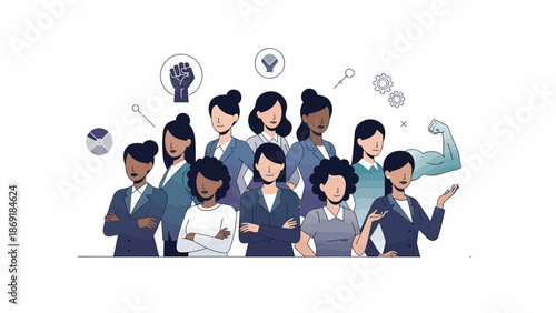 Diverse group of women in professional business attire standing confidently together in an office environment.